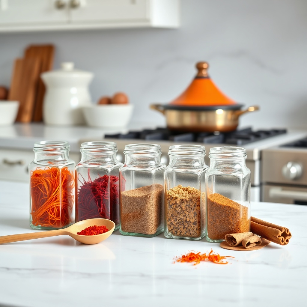 A modern kitchen pantry display of essential Moroccan spices for every kitchen, showing glass jars containing saffron, harissa, and cinnamon organized on a marble counter.