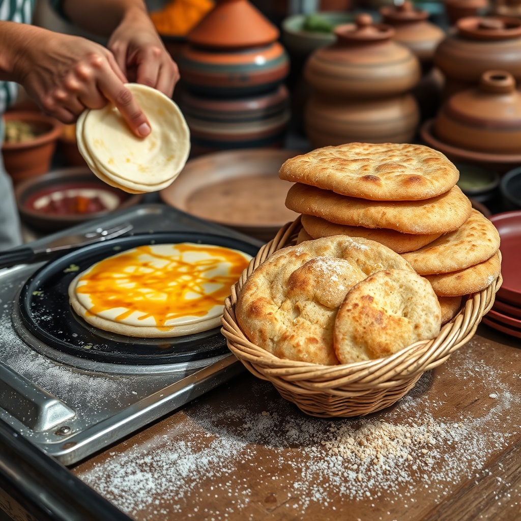 Fresh savory traditional Moroccan snacks like msemen and harcha breads being prepared on a griddle with semolina flour.