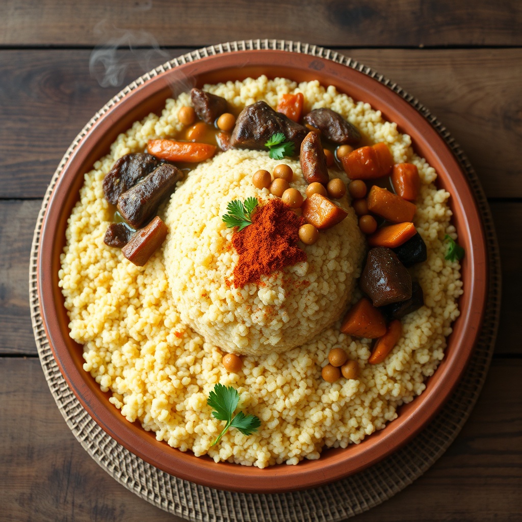 Final serving presentation for a complete moroccan couscous recipe showing fluffy grains mounded with slow-cooked meat, seasonal vegetables, and aromatic ras el hanout broth