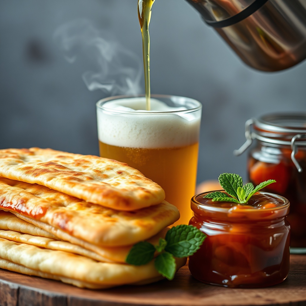 Close up of msemen and honey-soaked pastries served as Moroccan snacks for afternoon tea with a glass of fresh mint tea.