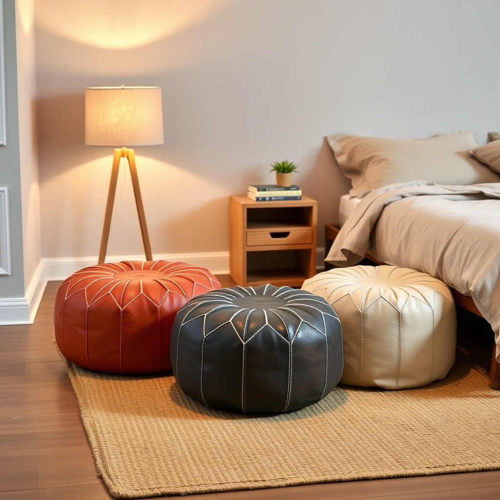 Moroccan leather pouf styling in a boho bedroom featuring a trio of poufs and natural fiber accents