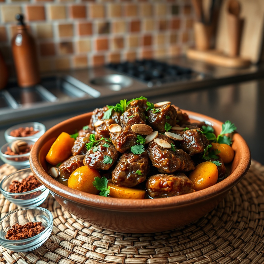 Plated lamb and apricot tagine surrounded by aromatic ras el hanout spices, demonstrating the sweet and savory balance of the best tagine recipes.