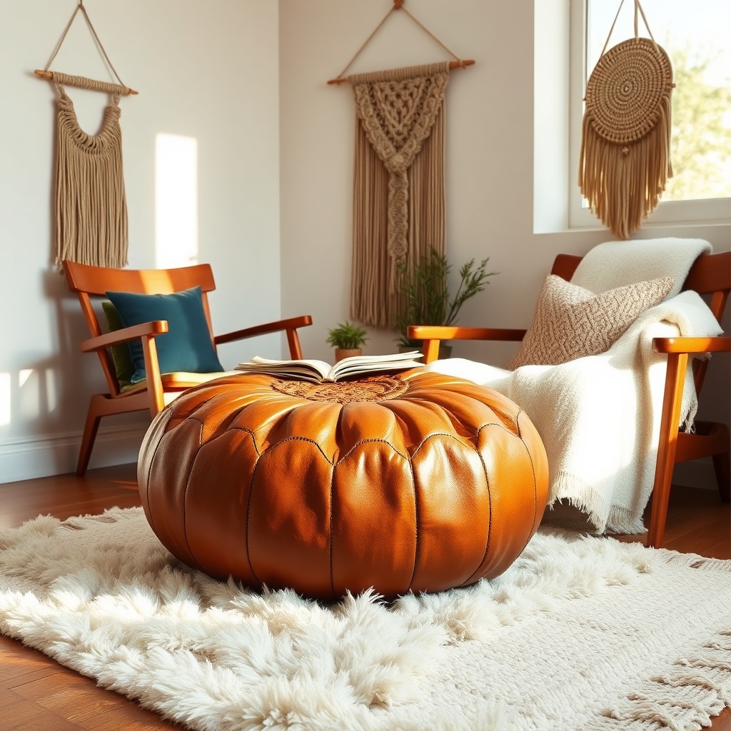 Rich brown Moroccan leather pouf styling as casual seating on a textured rug in a bohemian reading nook.