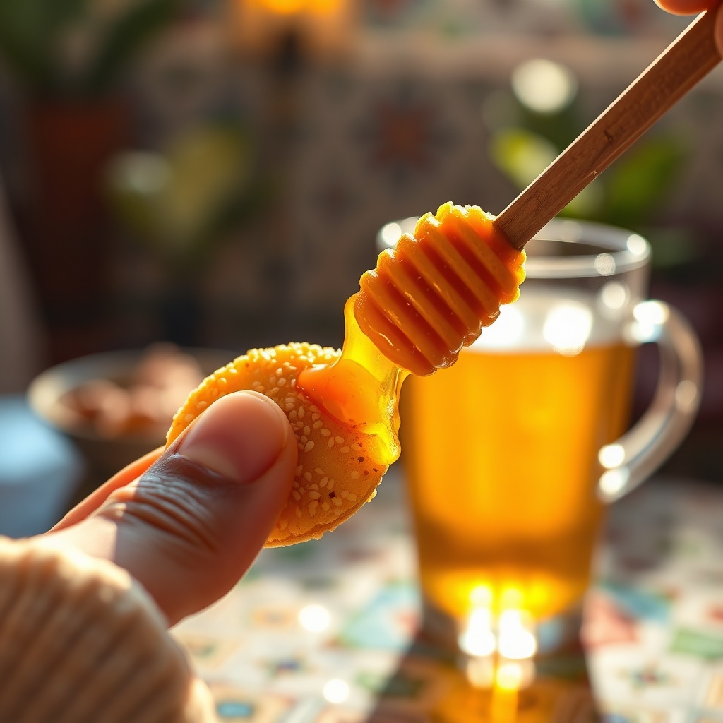 Close up of honey-drenched Chebakia Moroccan sweets and mint tea representing the best Moroccan snacks and sweets.