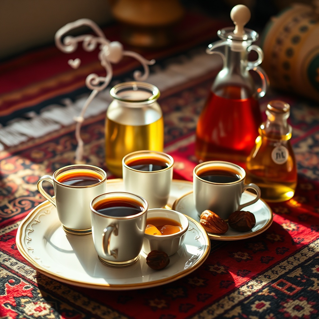 Moroccan coffee recipe served in demitasse cups with dates, honey, and orange blossom water on a rustic table