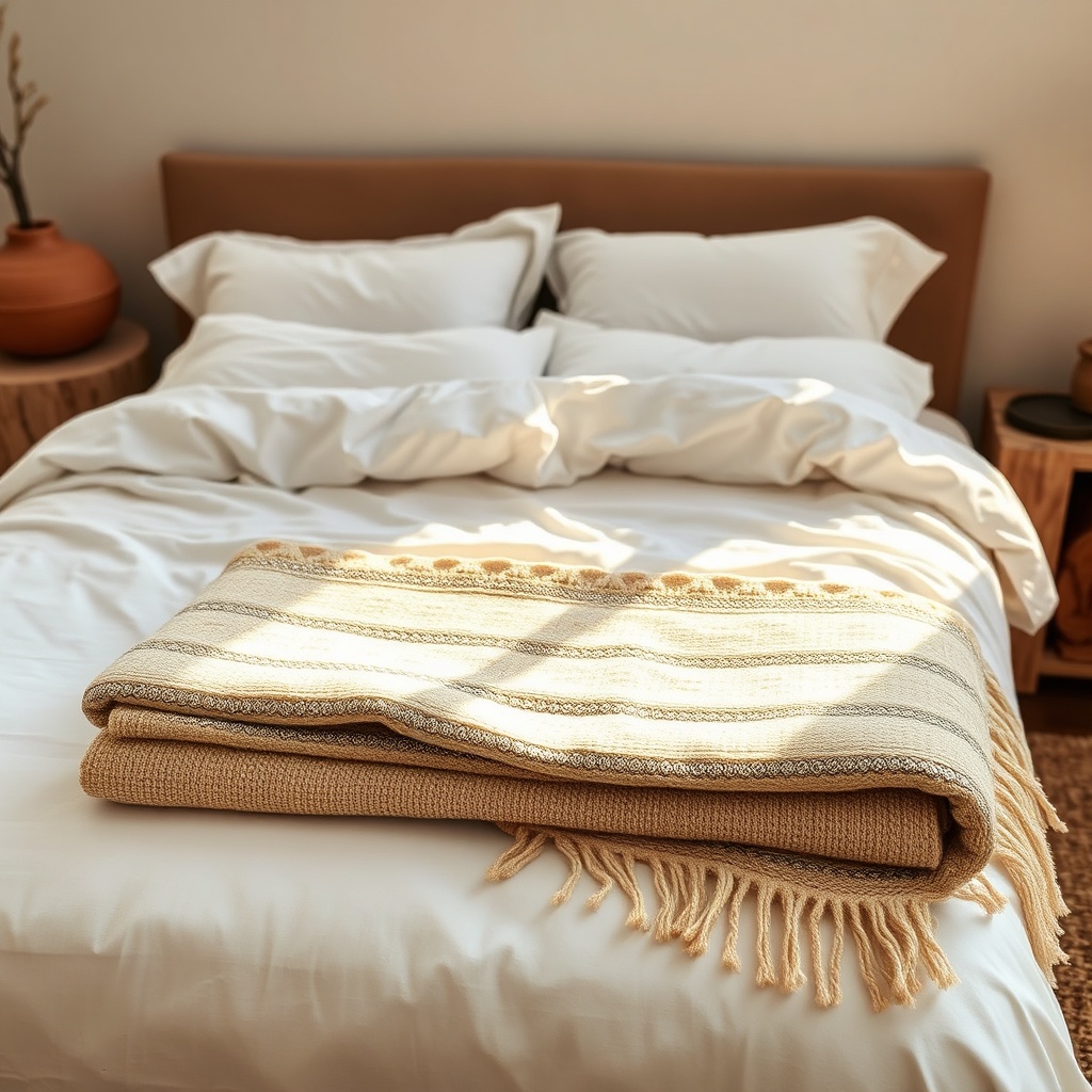 Authentic Handira wedding blanket with silver sequins displayed on a bed, representing the best Moroccan blankets for interior design and artisanal home textiles.