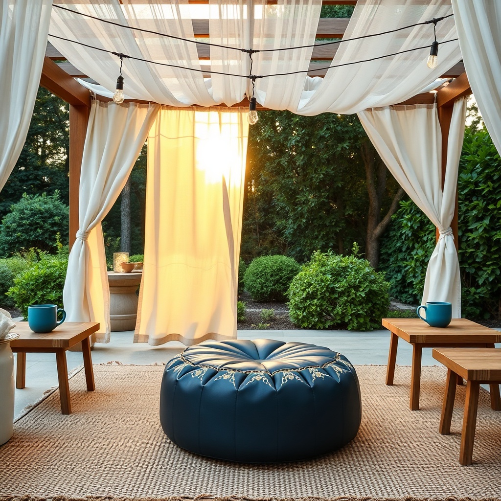 Leather poufs Moroccan home decor used as an outdoor accent under a pergola, featuring an indigo hand‑stitched leather pouf with gold embroidery on a kilim rug at sunset