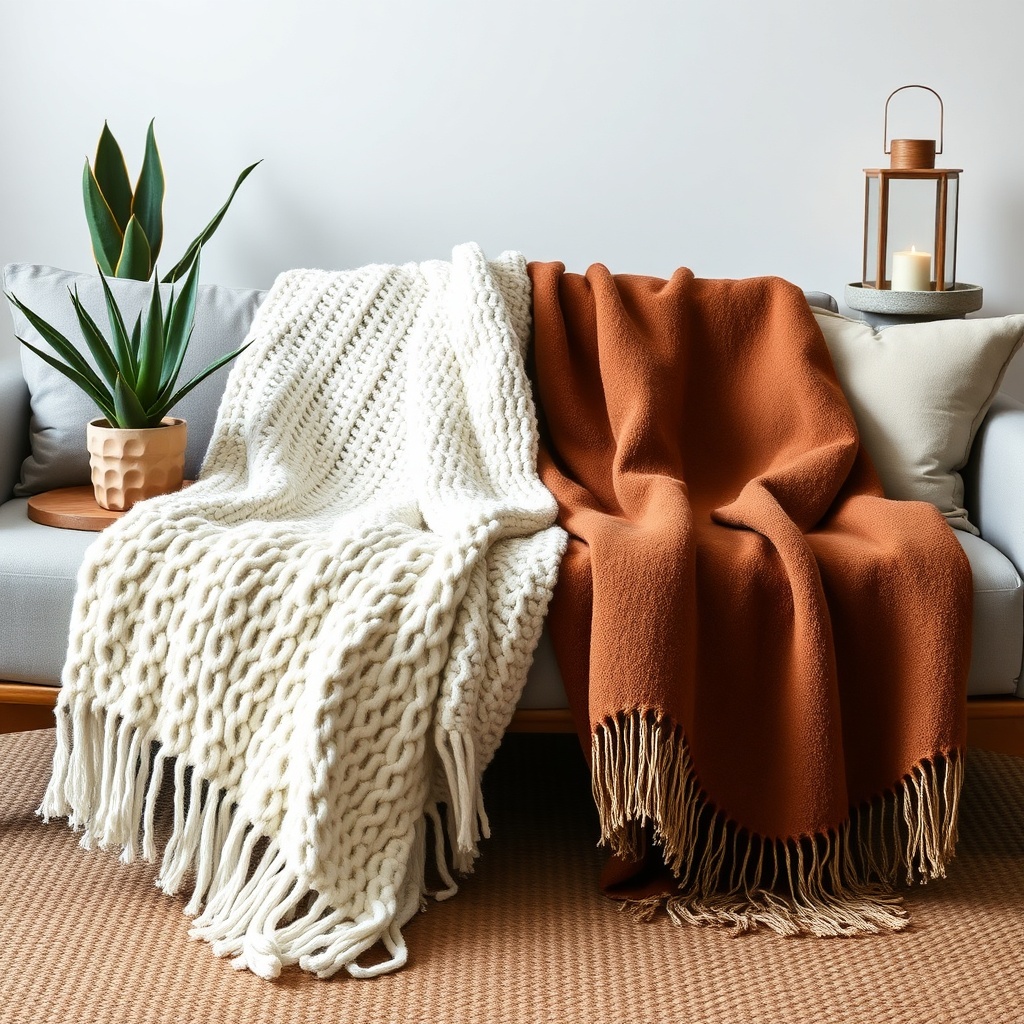 Best Moroccan blankets arranged on a sofa, featuring a Boucherouite lightweight throw and a Handira wedding blanket that illustrate authentic Berber craftsmanship