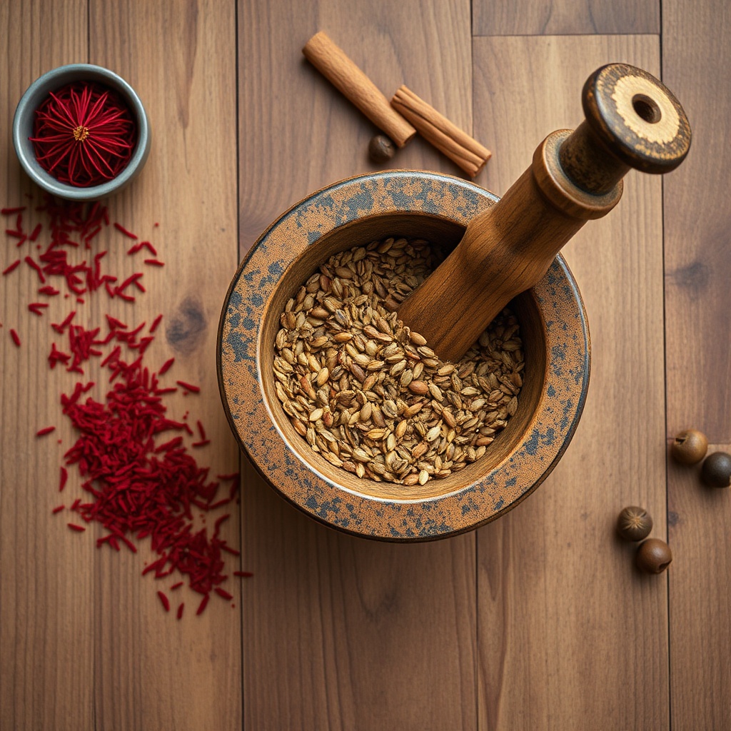 Close up of whole seeds and saffron threads being prepared for a traditional Moroccan spice blend.