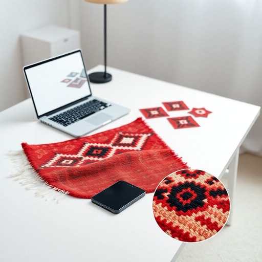 Home office scene combining a laptop, smartphone, and a genuine Berber rug for online authenticity verification