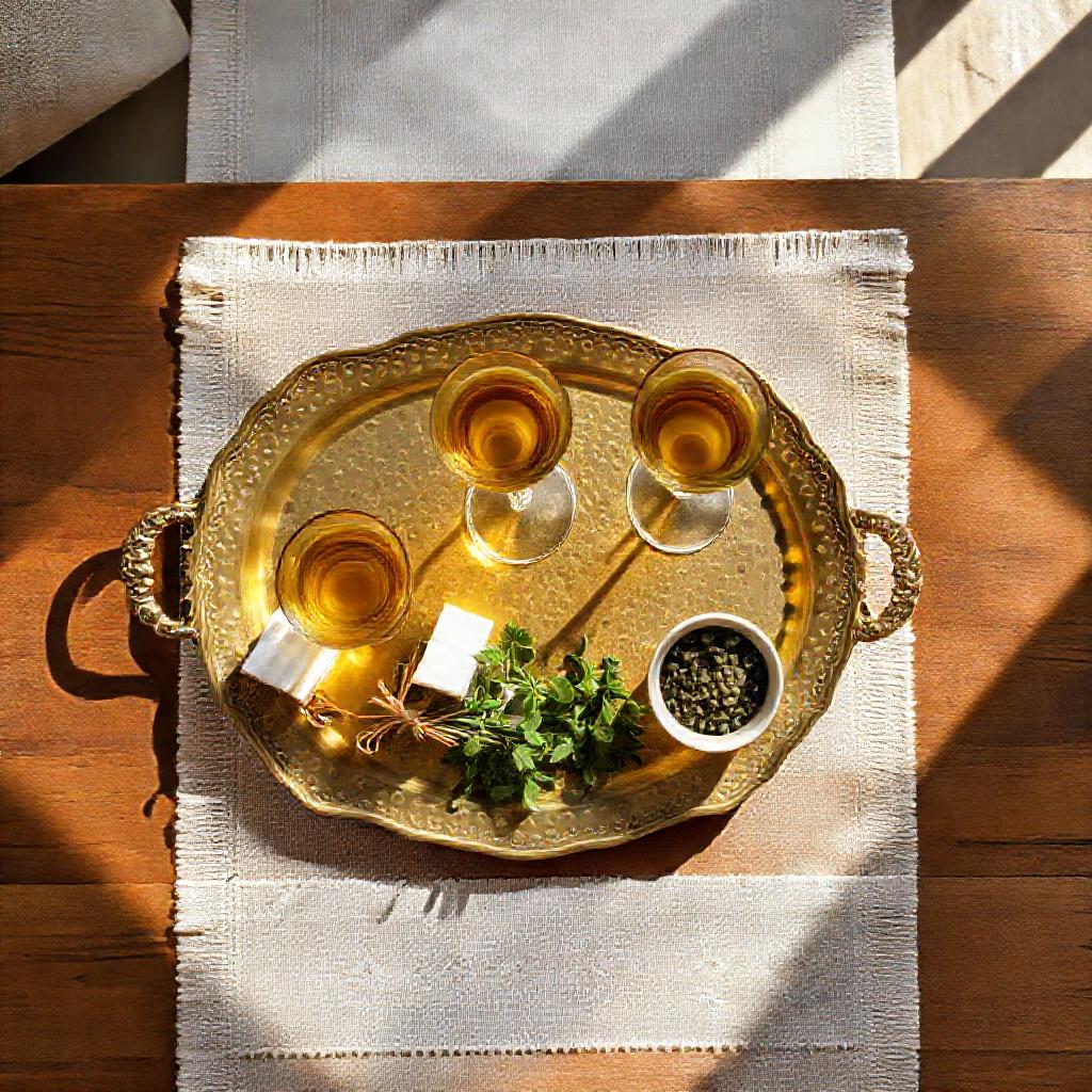 A traditional serving arrangement featuring three glasses of sweet Moroccan mint tea alongside fresh spearmint, sugar cubes, and loose gunpowder green tea on an ornate brass tray.