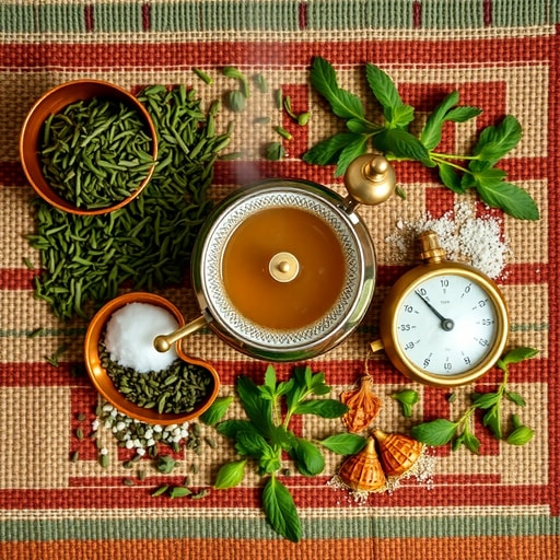 Authentic Moroccan tea ingredients including gunpowder green tea, fresh spearmint, and sugar arranged for traditional brewing recipe