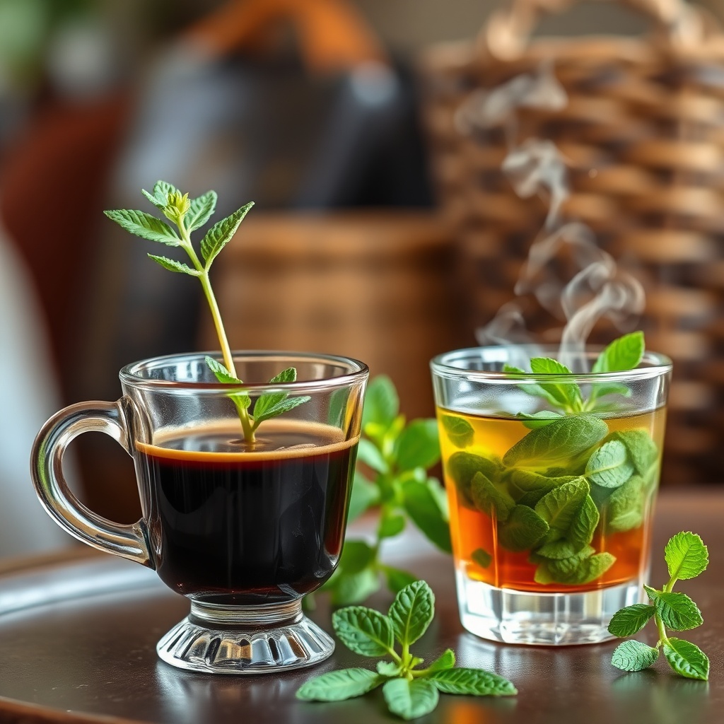 A refreshing blend of espresso and mint tea, representing the dynamic Moroccan coffee culture and its hospitality.