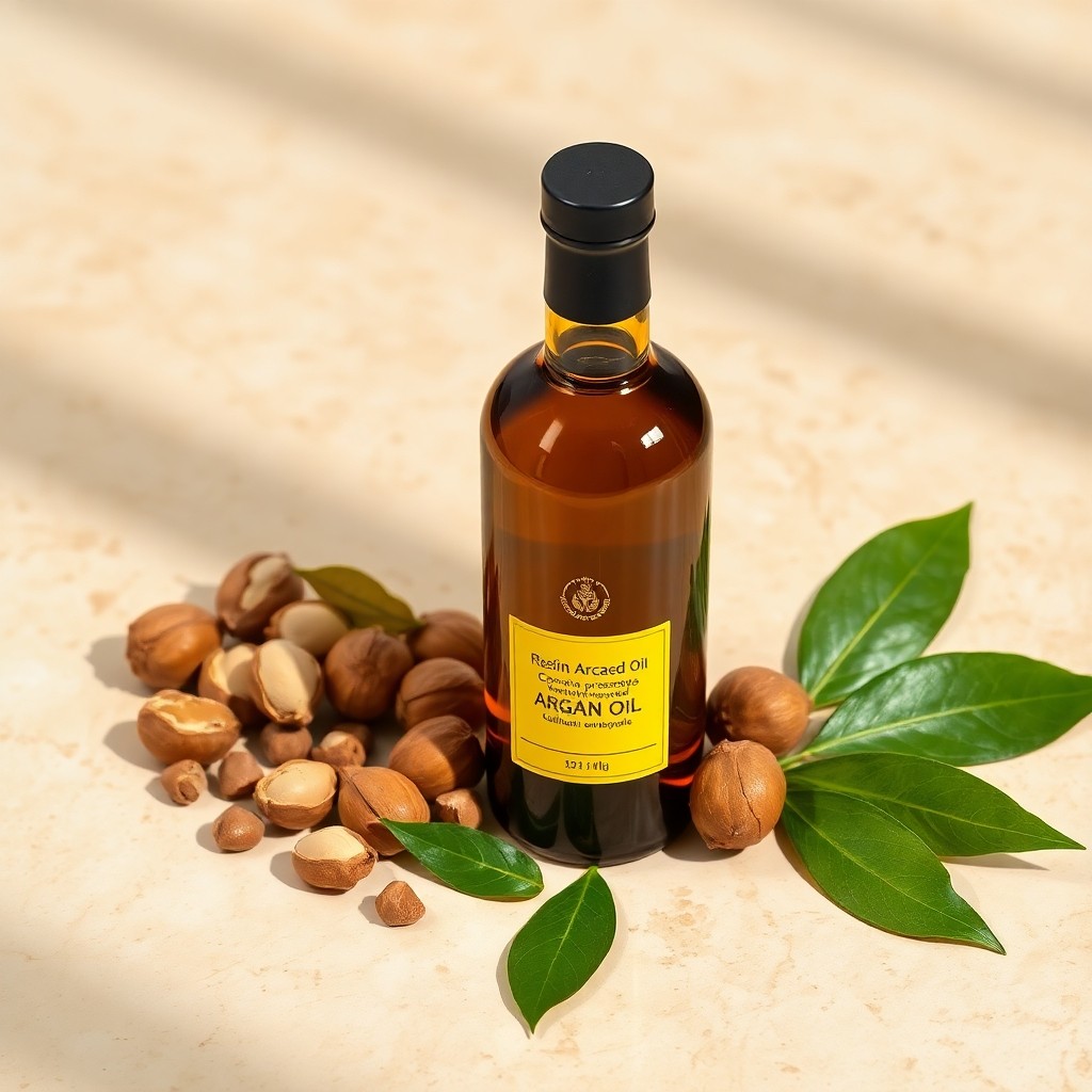 Premium bottle of organic Moroccan Argan oil with raw nuts illustrating the natural benefits of Moroccan Argan oil for hair and skin health.
