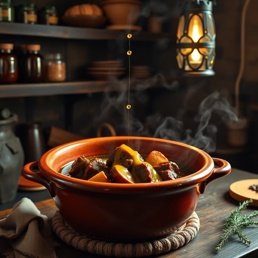Winter lamb tagine finished with argan oil drizzle in a Moroccan kitchen