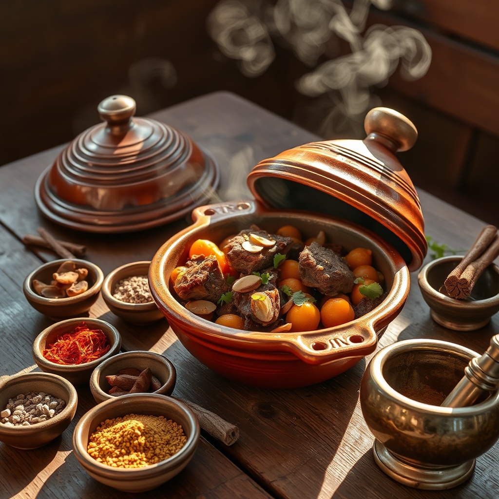 Authentic Moroccan spices for cooking arranged around a lamb tagine, featuring ras el-hanout, cumin, saffron, and cinnamon in a warm rustic setting.