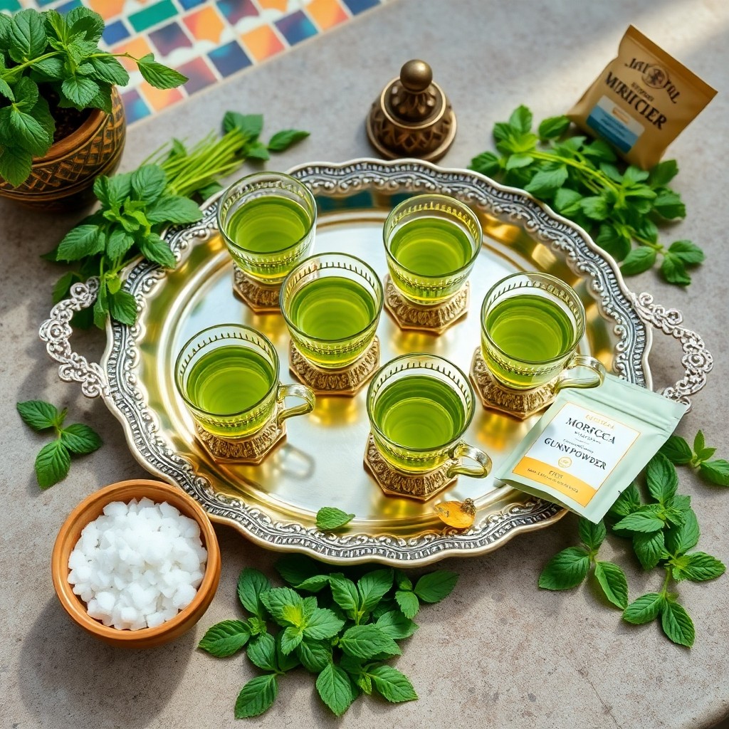 A beautifully arranged tea tray with fresh spearmint and sugar, showcasing the preparation required for how to host a Moroccan tea ceremony.