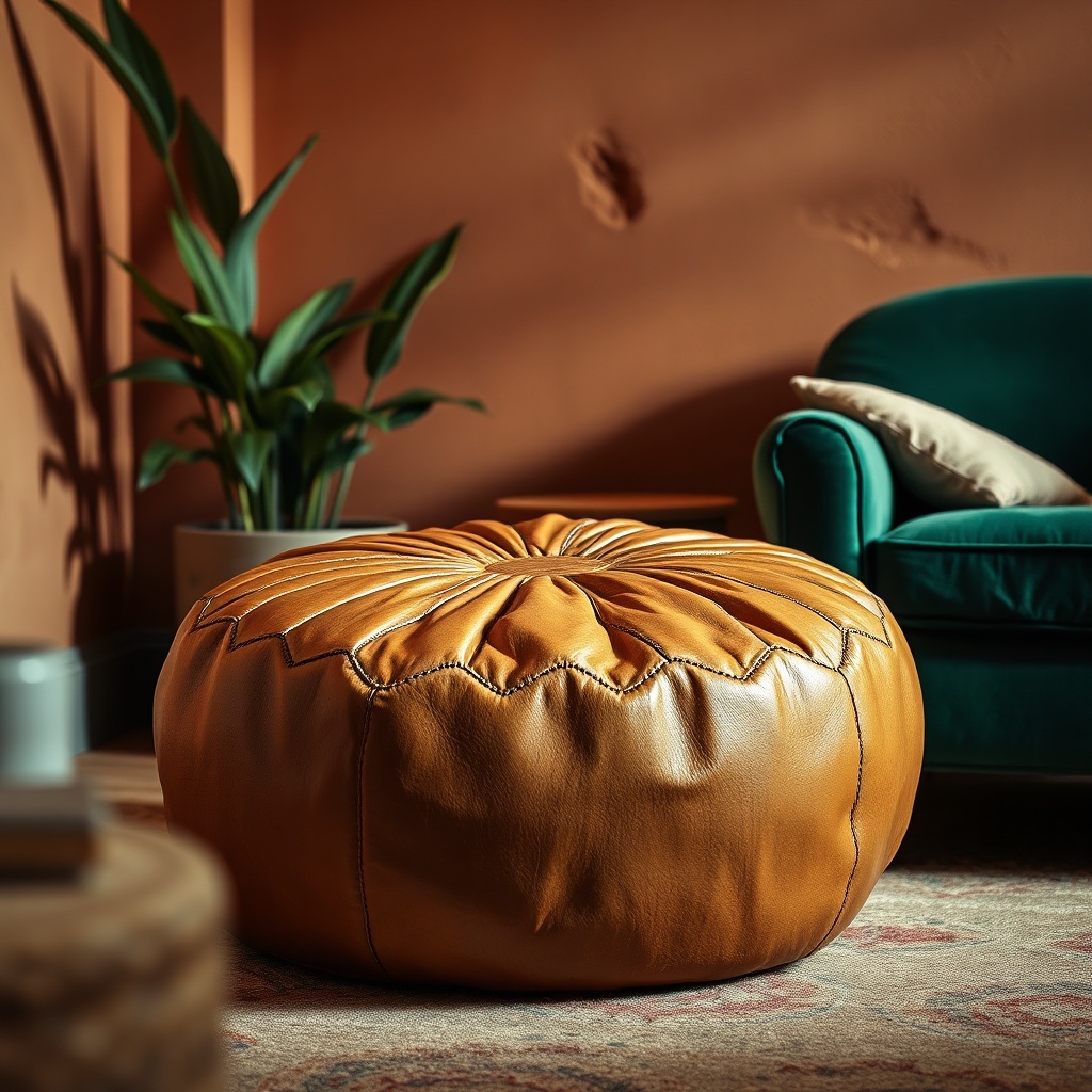 Creative styling ideas for Moroccan leather poufs paired with velvet furniture in a boho chic space.