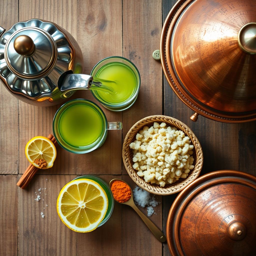 Authentic Moroccan cuisine display highlighting ceremonial mint tea being poured beside preserved lemons, fresh herbs, and essential North African flavor agents.