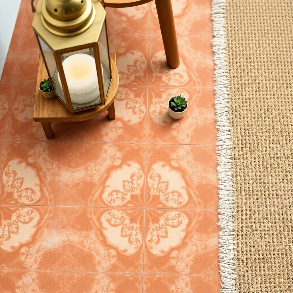 Moroccan decor ideas for boho homes displayed through a detailed view of handcrafted tile flooring paired with a jute rug and brass lantern, illustrating a textured bohemian interior