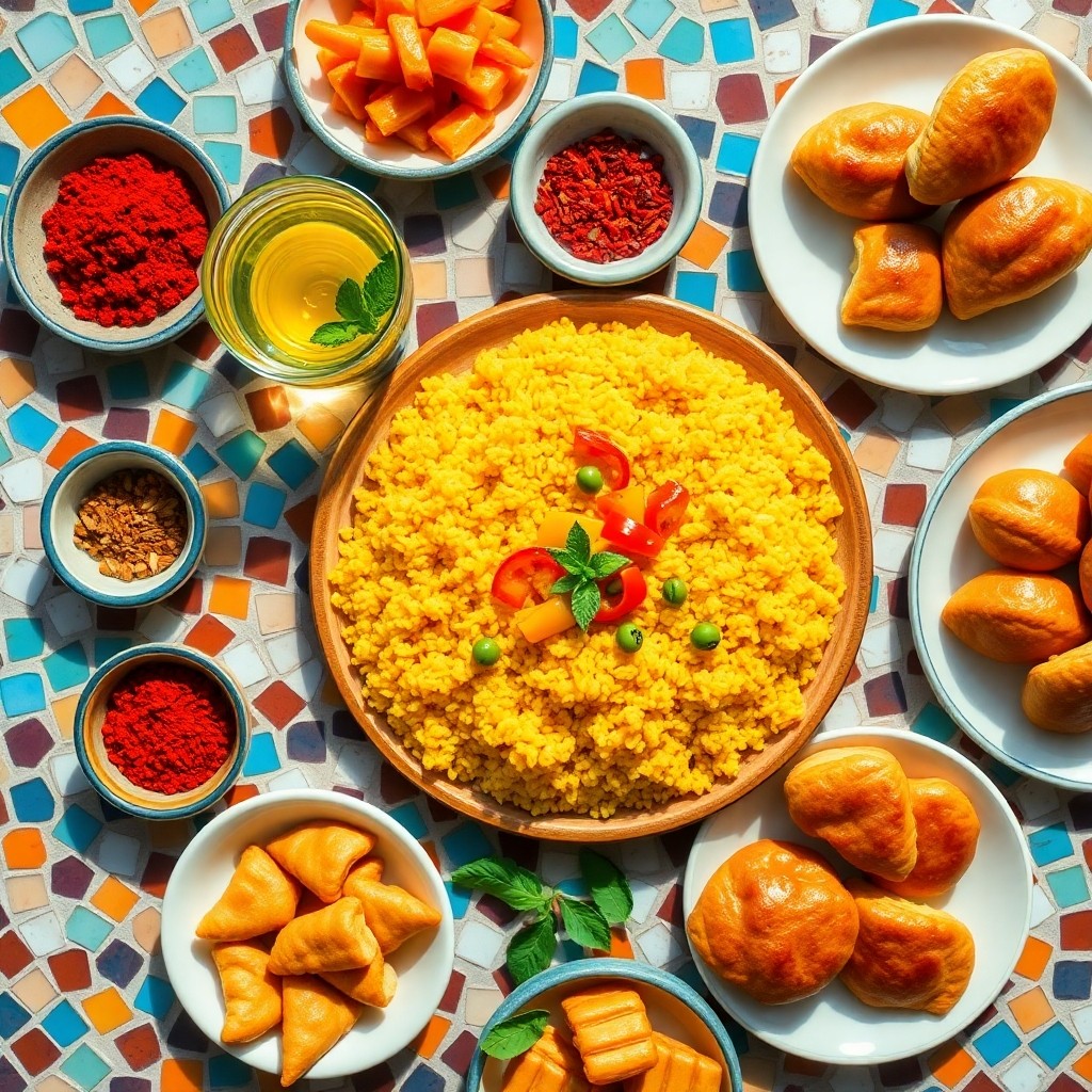 An assortment of authentic Moroccan food dishes including couscous, spices, and mint tea representing the ultimate guide to traditional cuisine.