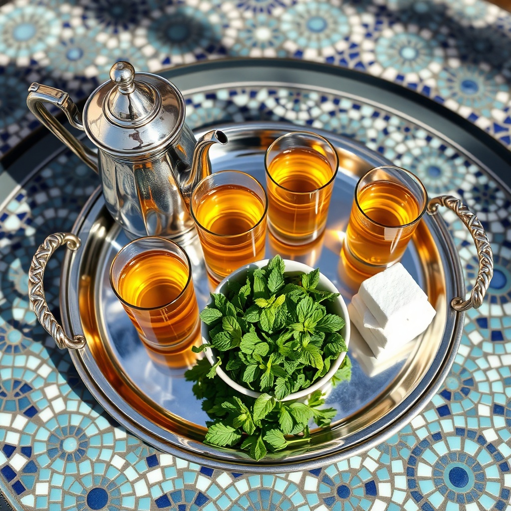 A decorative silver tea set with fresh mint and sugar cubes arranged for a Moroccan tea ceremony on a mosaic table.