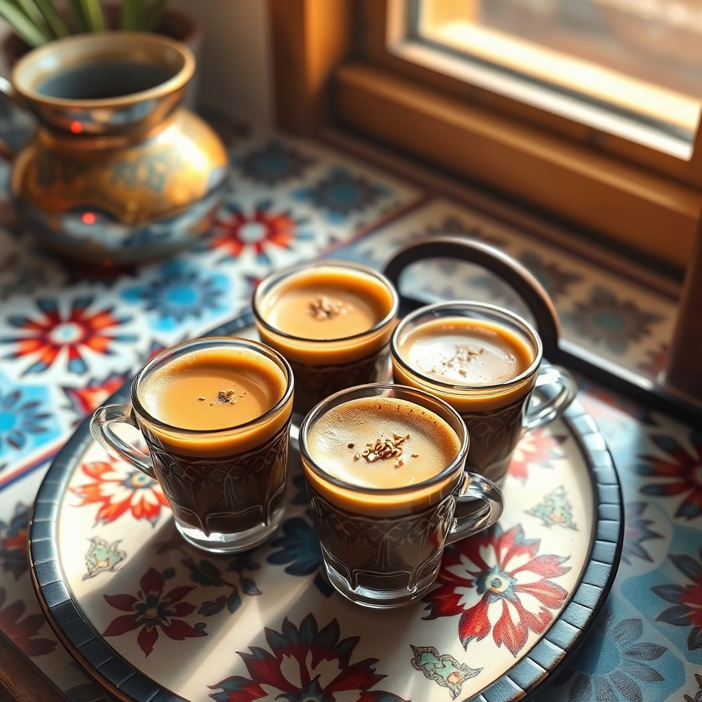 Authentic Moroccan coffee recipe served in ornate glass cups with creamy foam, sesame seed garnish, and Moroccan tile backdrop
