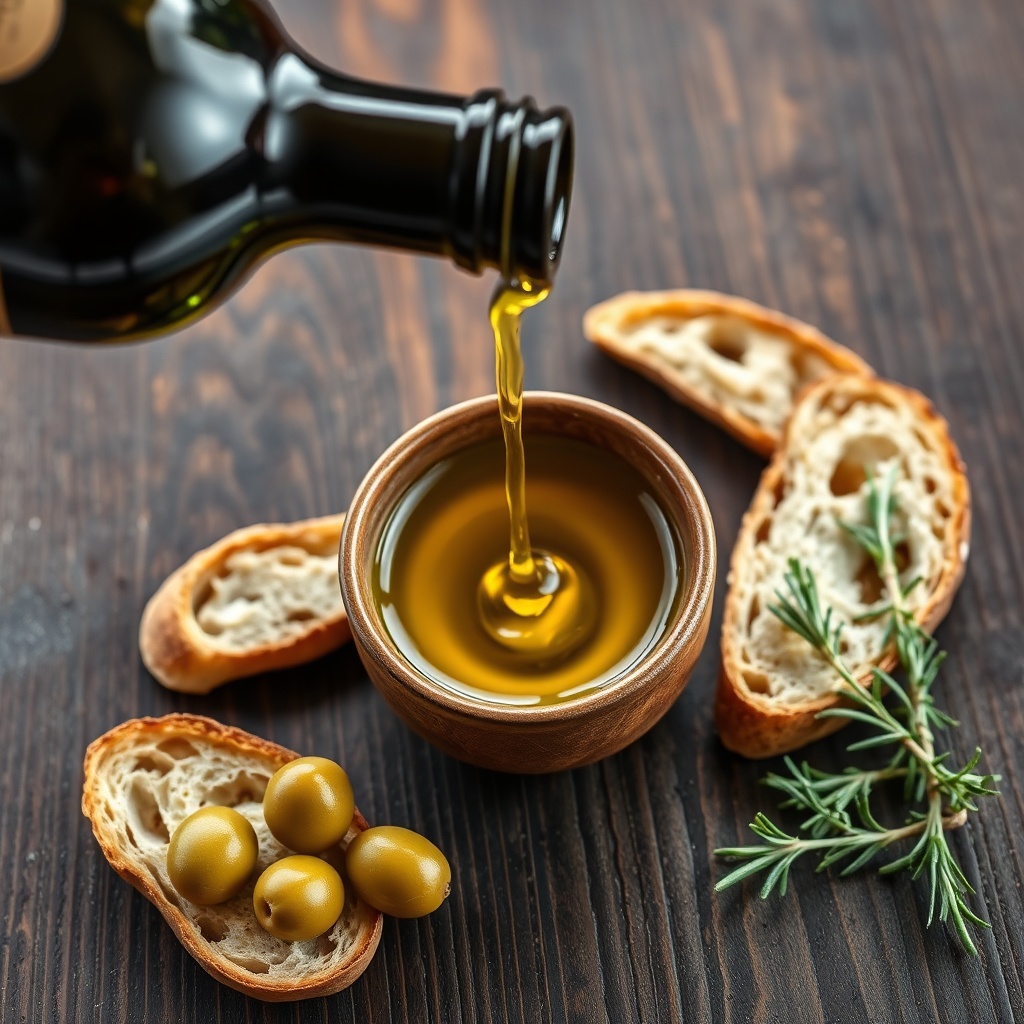 Golden stream of cold-pressed Moroccan olive oil being poured into a ceramic bowl with artisanal bread and olives.