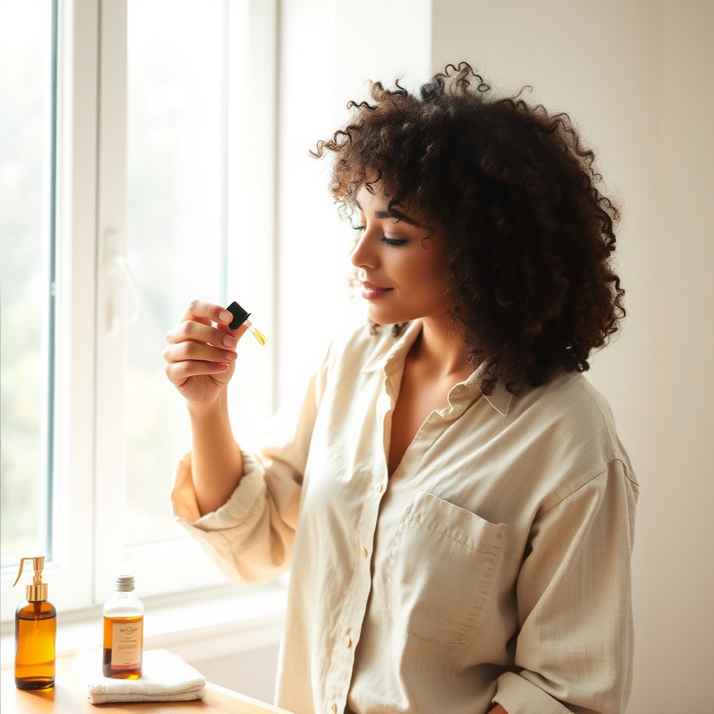 Applying moroccan argan oil to curly hair ends to tame frizz, demonstrating why evaluating if moroccan argan oil worth it comes down to matching its emollient properties to specific dry skin or textured hair needs.