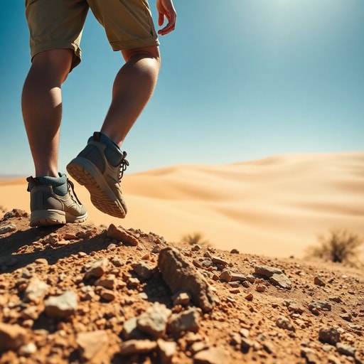 Hiker carrying reusable water bottle exploring the Sahara Desert dunes