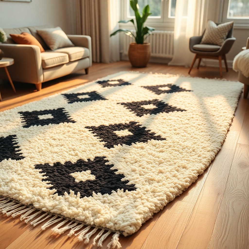 A modern living room featuring a white and black geometric Berber rug with diamond motifs, showcasing the meaning behind traditional Moroccan Berber rugs in interior design.