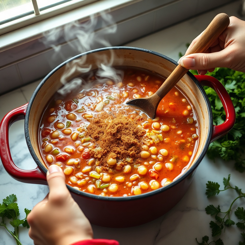 Close-up of a Dutch oven simmering a homemade harira recipe with lentils, chickpeas, tomato base, warming spices, and fresh herbs being stirred by hand.