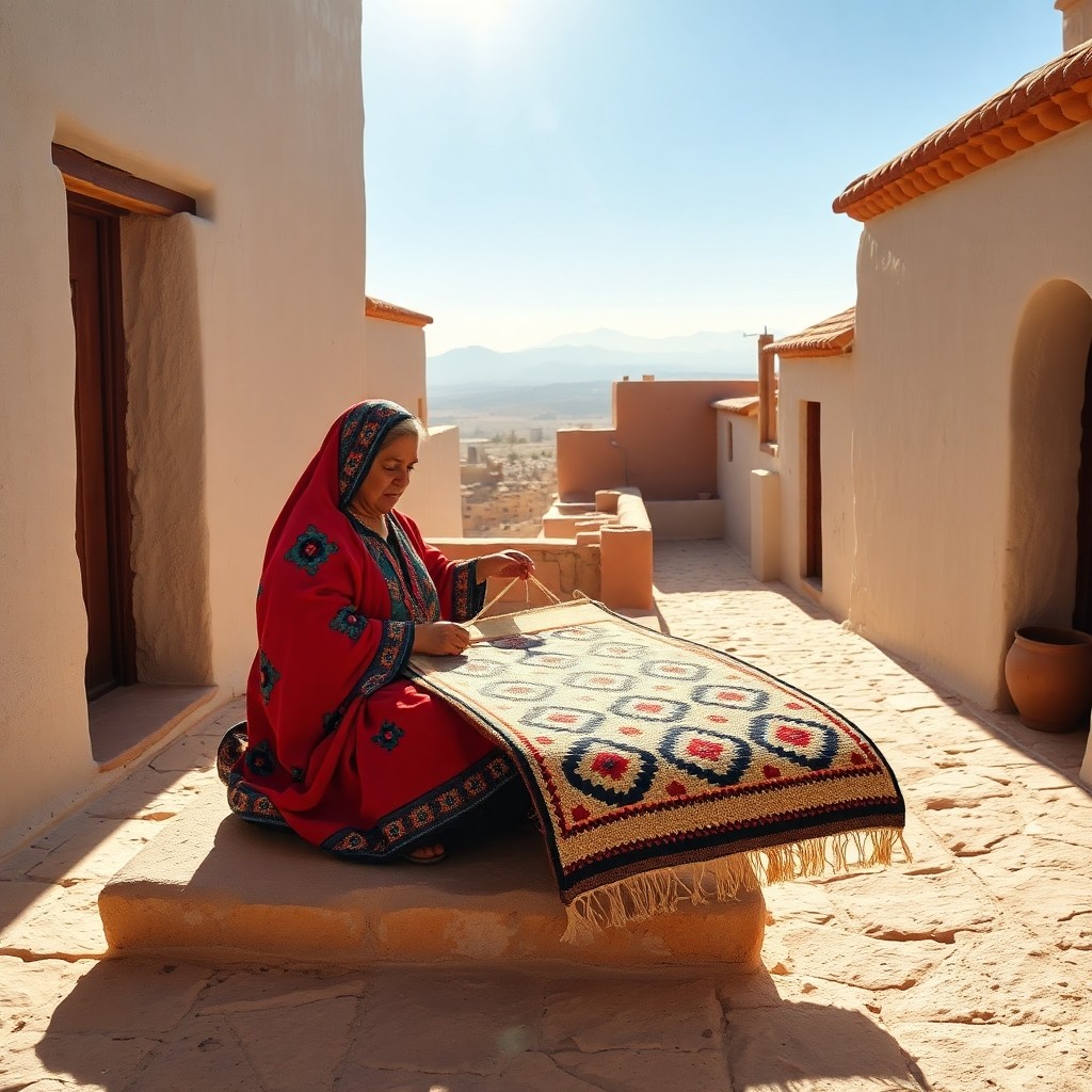 The Meaning Behind Berber Rug Patterns captured in a traditional Moroccan setting where a Berber weaver creates rugs that encode tribe identity, status and spiritual beliefs