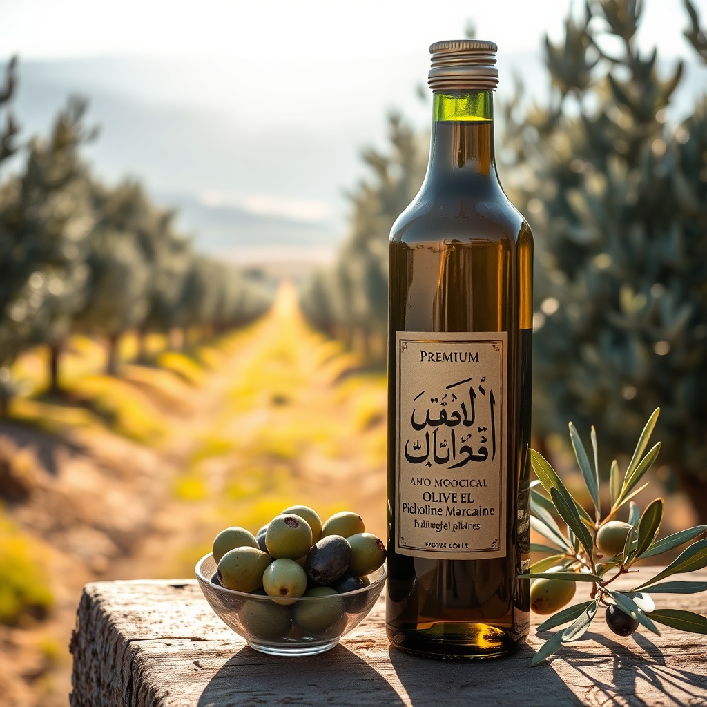 Authentic Moroccan olive oil daily use from Picholine Marocaine olives, with a bottle and fresh olives set against a backdrop of sunlit olive groves.