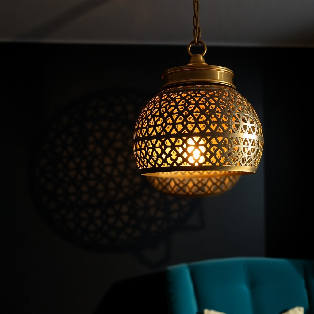 Intricate brass Moroccan lighting casting geometric shadows, reflecting modern Moroccan decor trends through layered ambient light.