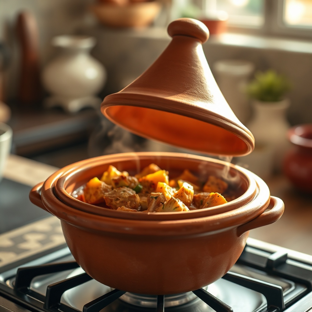 A traditional clay tagine pot filled with stew simmering on a stove, demonstrating authentic cooking techniques for those using a Moroccan tagine buying guide.