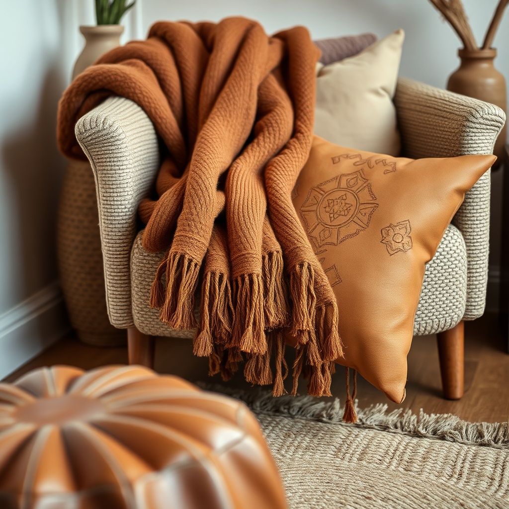 Cozy Moroccan living room corner with handcrafted pompom blanket and leather pillow textures.