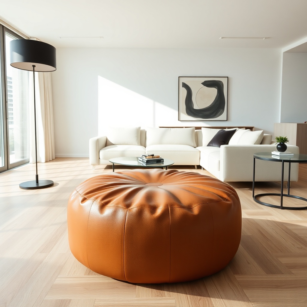 A cognac leather pouf living room seating option paired with a modern cream sofa and glass coffee table in a minimalist setting.