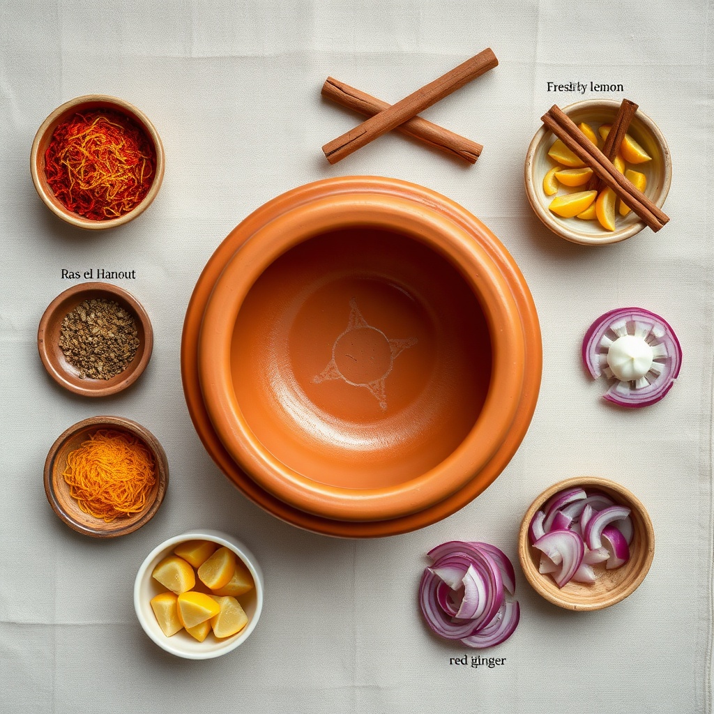 Flat lay arrangement of spices and ingredients for an authentic Moroccan tagine recipe including ras el hanout and an earthenware vessel