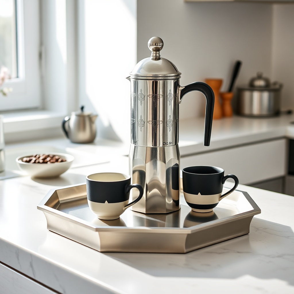 Modern Moroccan coffee sets with stainless steel berrad and ceramic cups in contemporary kitchen