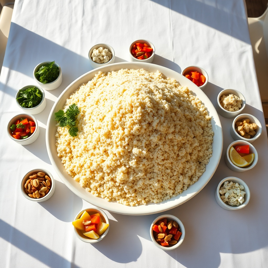 A beautifully arranged buffet table featuring a generous bowl of steamed couscous for a crowd, surrounded by customizable topping stations for guest self-service.