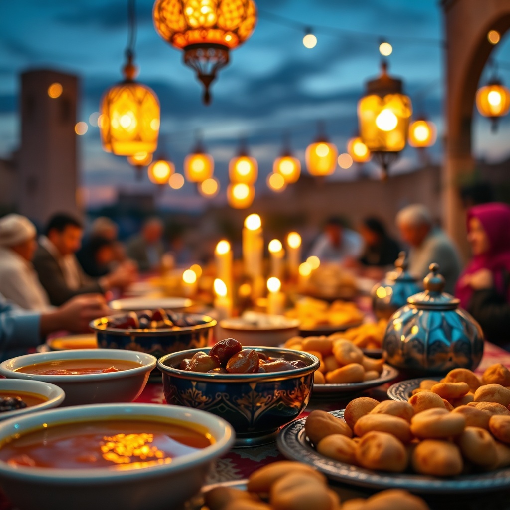 Guide to Visiting Morocco During Ramadan highlighting a traditional Iftar dinner table with dates and soup at sunset.