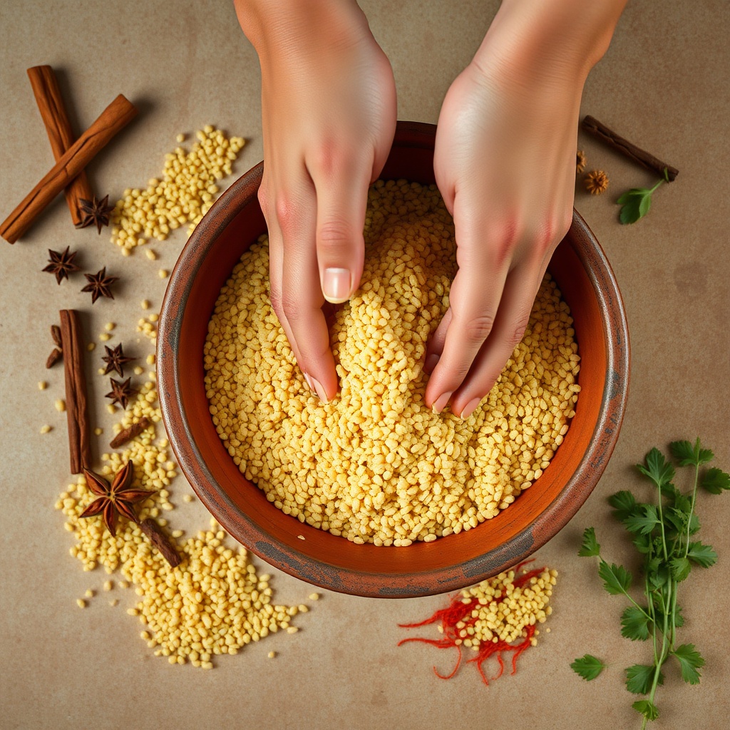 Hand-rolled semolina being prepared for traditional Moroccan couscous with aromatic spices
