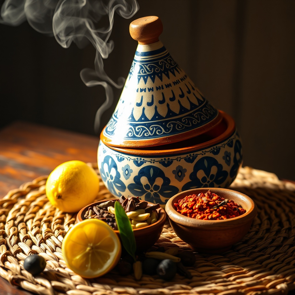 Traditional ceramic tagine pot with conical lid lifting to reveal a savory stew enhanced by moroccan tagine spices, featuring a side bowl of ras el hanout blend and aromatic steam, perfect for illustrating authentic slow-cooked North African recipes.