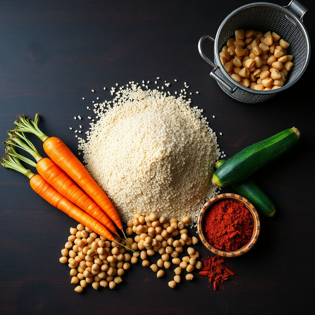 Ingredients for a Moroccan couscous with vegetables recipe including raw semolina, fresh carrots, zucchini, chickpeas, and Ras el Hanout spices arranged with a steamer basket.