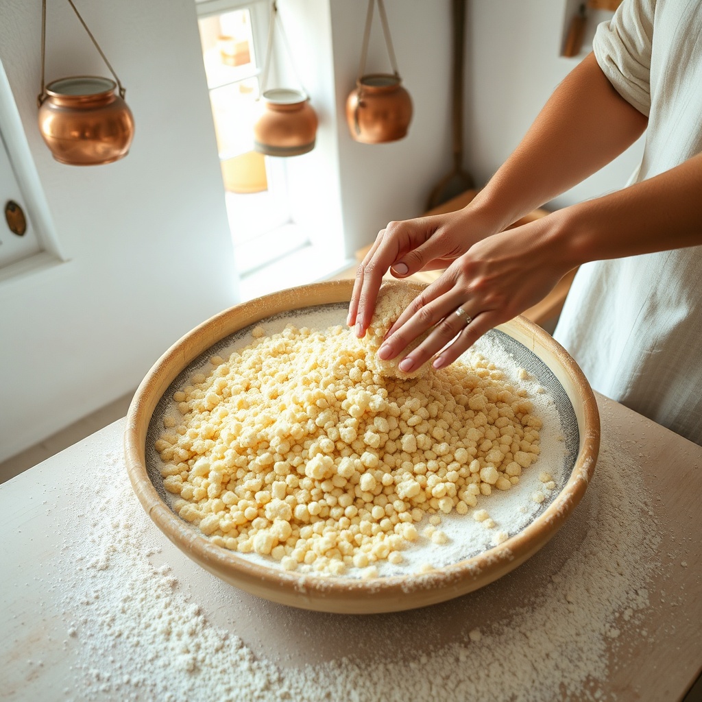 Hands rolling fresh couscous grains from semolina flour on a sieve, illustrating the traditional preparation method of the pasta-like North African dish