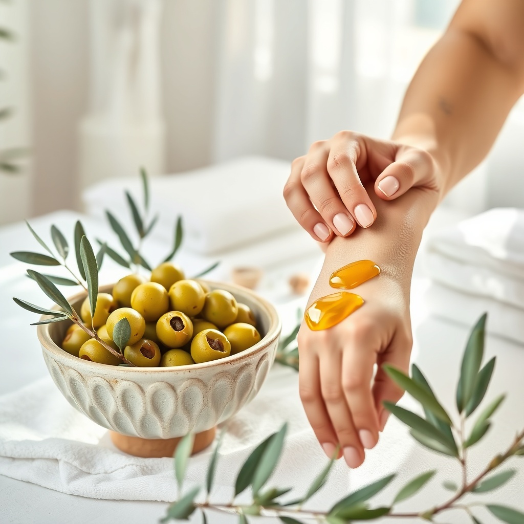 A flat lay of Picholine olives and olive oil being applied to skin, showcasing the best Moroccan olive oil uses for intensive skincare hydration and lipid barrier repair.