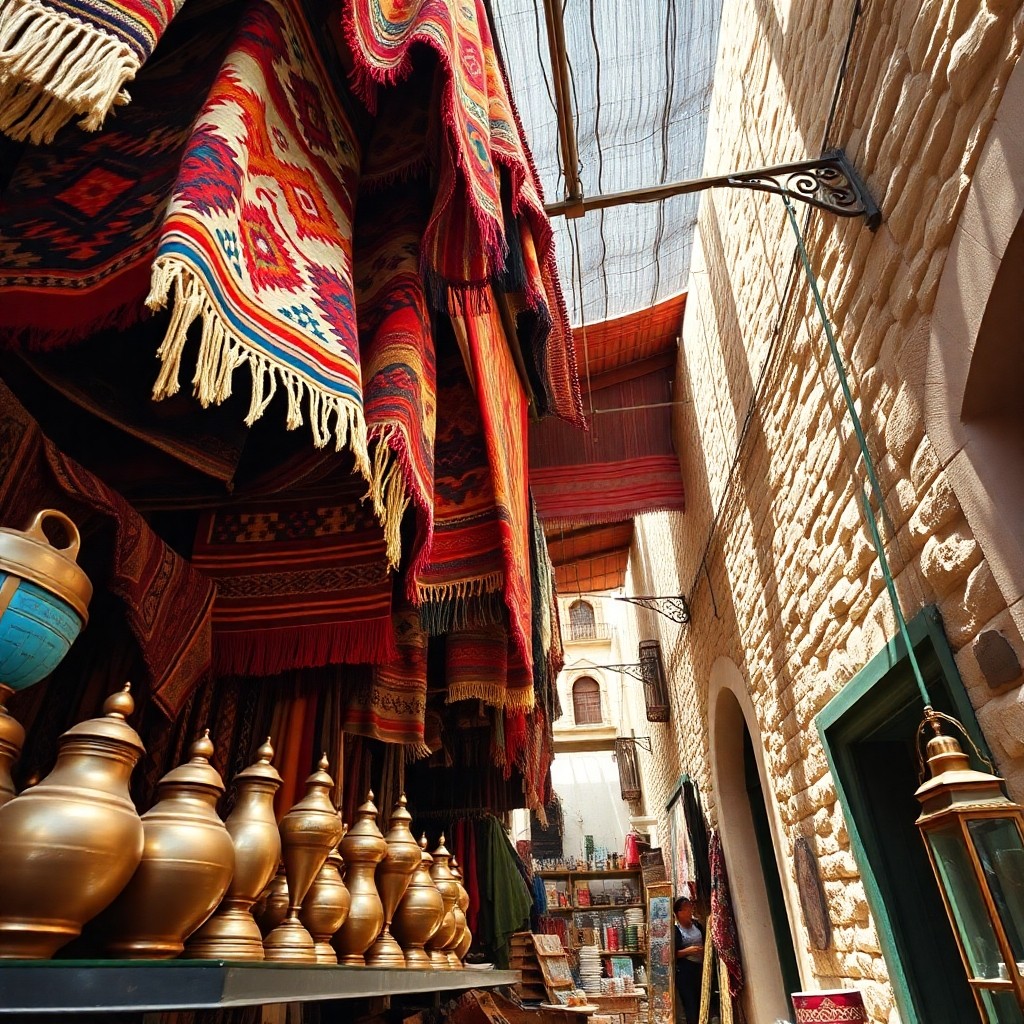 A bustling Moroccan souk market stall filled with hanging Berber rugs and colorful pottery, offering unique finds for the best Moroccan souvenirs to buy guide.