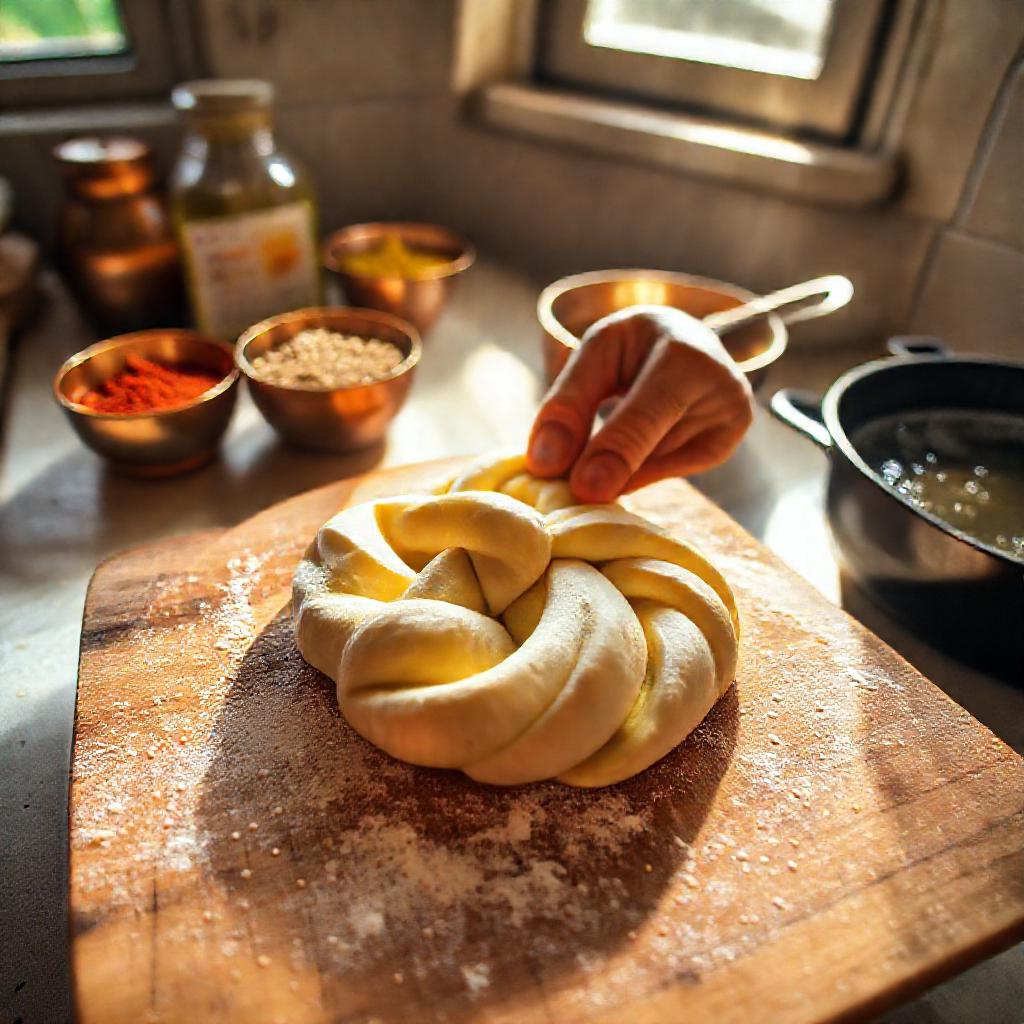 Artisan hands skillfully shaping raw chebakia dough into its signature interlaced flower form on a wooden board, surrounded by traditional Moroccan spices, sesame seeds, and orange blossom water in a sunlit kitchen.