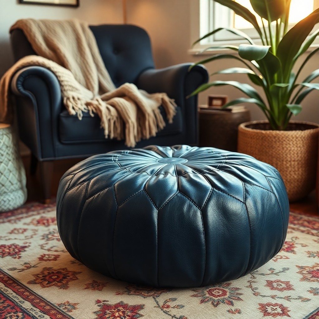A midnight-blue Moroccan leather pouf used as a footrest in a cozy bohemian home, demonstrating the versatility and craftsmanship of authentic leather home decor.